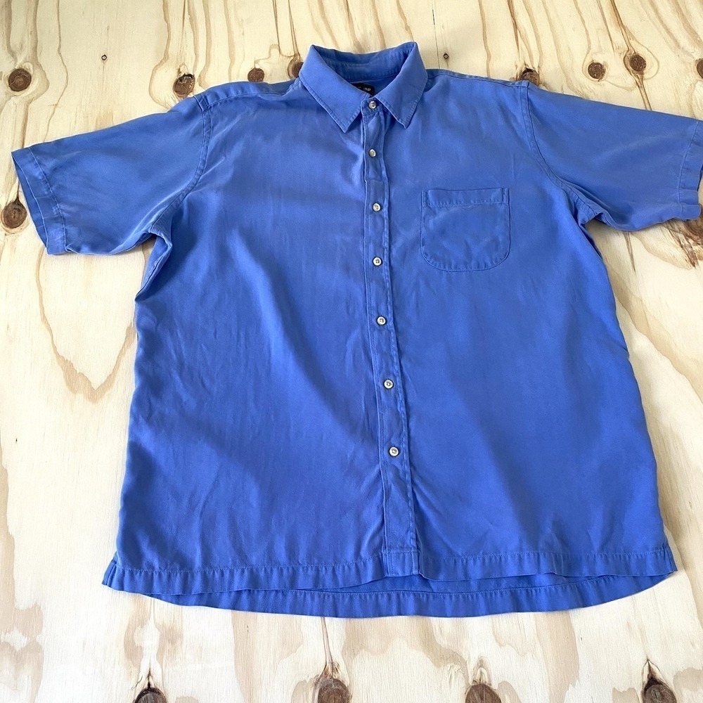 Lands' End 100% Silk Shirt Men's XL Blue Button Up Short Sleeve Camp